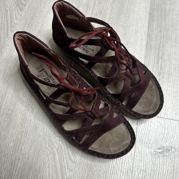 NAOT Yarrow Leather Ghillie Lace-Up Wedge Sandals Burgundy Women EU 37 US 6 - Picture 2 of 8